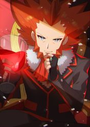 Rule 34 | 1boy, alcohol, black gloves, black pants, closed mouth, commentary request, creatures (company), cup, drinking glass, fingerless gloves, fur-trimmed jacket, fur trim, game freak, gloves, grey eyes, highres, holding, holding cup, jacket, long sleeves, looking at viewer, lysandre (pokemon), male focus, nintendo, orange hair, orange neckwear, pants, pokemon, pokemon xy, sitting, smile, solo, spiked hair, taisa (lovemokunae), team flare, wine, wine glass