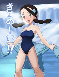 Rule 34 | 1girl, :d, alternate costume, bare arms, black hair, blue one-piece swimsuit, blush, breasts, breath, brown eyes, candice (pokemon), cold, collarbone, commentary request, creatures (company), curvy, game freak, gluteal fold, gym leader, hair ornament, hair tie, hairclip, happy, highleg, highres, holding, ice, iceberg, japanese text, knees, legs, legs apart, long hair, looking at viewer, miraa (chikurin), multi-tied hair, nintendo, one-piece swimsuit, open mouth, outdoors, pokemon, pokemon dppt, sky, smile, snow, solo, standing, steam, sweater, swimsuit, thighs, tongue, trembling, twintails, unworn sweater