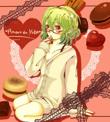 Rule 34 | 1girl, alternate costume, bad id, bad pixiv id, bespectacled, bra strap, breasts, character name, chocolate, cleavage, female focus, food, french text, glasses, green hair, heart, kazami yuuka, macaron, nail polish, pink nails, ranguage, red eyes, seiza, short hair, sitting, small breasts, solo, suja (ufo85go), sweater, touhou