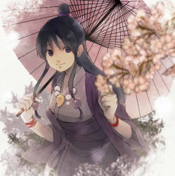Rule 34 | 1girl, ace attorney, black hair, bracelet, clenched hands, flower, grbrt, hair ornament, half updo, jewelry, long hair, looking at viewer, magatama, maya fey, over shoulder, parasol, smile, solo, umbrella, updo