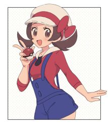 Rule 34 | 1girl, :d, blue overalls, bow, brown eyes, brown hair, cabbie hat, cowboy shot, creatures (company), game freak, hat, hat bow, holding, holding poke ball, long sleeves, looking at viewer, lyra (pokemon), nintendo, nm222, open mouth, overalls, poke ball, poke ball (basic), pokemon, pokemon hgss, red bow, red shirt, shirt, smile, solo, twintails, white hat