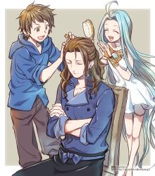 Rule 34 | 10s, 1girl, 2boys, :d, apron, blue hair, bridal gauntlets, brown hair, brush, chair, crossed arms, double-breasted, dress, closed eyes, gran (granblue fantasy), granblue fantasy, hair ornament, hairclip, hood, hoodie, long hair, looking at another, lyria (granblue fantasy), multiple boys, open mouth, siegfried (granblue fantasy), simple background, sitting, sleeping, smile, waist apron, watermark, yoshida sei