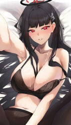 Rule 34 | 1girl, absurdres, armpits, black bra, black hair, black pantyhose, blue archive, blush, bra, breasts, bright pupils, cleavage, closed mouth, collarbone, highres, katagirinanoka, large breasts, looking at viewer, lying, navel, on back, pantyhose, red eyes, rio (blue archive), selfie, solo, spread legs, stomach, strap slip, sweat, underwear, underwear only, white pupils