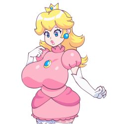 Rule 34 | 1girl, blonde hair, blue eyes, breasts, dress, gloves, large breasts, legs, lipstick, long hair, makeup, mario (series), nintendo, pink lips, princess, princess peach, puckered lips, solo, super mario bros. 1, supersatanson, thick thighs, thighs
