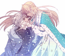 Rule 34 | 1boy, 1girl, anastasia (fate), blue cloak, blue eyes, brown eyes, cloak, eye contact, fate (series), fur trim, hand on another&#039;s face, kadoc zemlupus, light brown hair, long hair, looking at another, snowing, standing, tsengyun, very long hair, wind