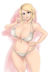 Rule 34 | 1girl, belly, bikini, bikini pull, blonde hair, blue eyes, bouncing breasts, breasts, cleavage, clothes pull, collarbone, curvy, hand on own hip, highres, huge breasts, looking at viewer, multi-strapped bikini, navel, original, plump, remu (kirieroido), short hair, smile, solo, swimsuit, thick thighs, thighs, wide hips