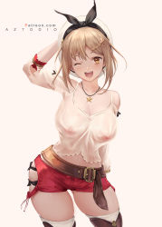 Rule 34 | 1girl, arm behind head, atelier (series), atelier ryza, atelier ryza 1, aztodio, bare shoulders, belt, beret, black ribbon, blush, boots, breasts, brown belt, brown eyes, brown footwear, brown hair, cleavage, collarbone, contrapposto, covered erect nipples, cowboy shot, facing viewer, fang, hair between eyes, happy, hat, highres, jewelry, large breasts, leather belt, looking at viewer, medium breasts, midriff peek, navel, necklace, nipples, no bra, one eye closed, open mouth, pendant, red shorts, reisalin stout, revealing clothes, ribbon, see-through, see-through shirt, short hair, short shorts, shorts, simple background, skindentation, smile, solo, standing, star (symbol), star necklace, star pendant, thick thighs, thigh boots, thighhighs, thighhighs under boots, thighs, white background, white hat, yellow eyes