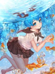 Rule 34 | 1girl, air bubble, animal, bare legs, barefoot, black bow, black sailor collar, blue eyes, blue hair, blush, bottle miku, bow, breasts, bubble, closed mouth, diving, fish, goldfish, hatsune miku, liby (libtnvd), liquid hair, long hair, looking at viewer, medium breasts, own hands together, pantyhose, partially underwater shot, revision, sailor collar, school uniform, see-through, serafuku, shirt, short sleeves, solo, twintails, underwater, very long hair, vocaloid, water, wet, wet clothes, wet shirt, white shirt