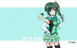 Rule 34 | 1girl, breasts, dress, elbow gloves, garter belt, gloves, green dress, green eyes, green hair, hands on own hips, headset, highres, itsuki sayaka, large breasts, marronni yell, mascot, matching hair/eyes, official art, official wallpaper, playing with hair, pleated skirt, ponytail, side ponytail, skirt, solo, thighhighs, urita ruri, wallpaper