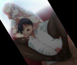 Rule 34 | 1boy, 1girl, animated, animated png, breasts, censored, feet, footjob, hetero, large breasts, long hair, looping animation, master piece the animation, mira (master piece), mosaic censoring, pantyhose, penis, stitched, third-party edit