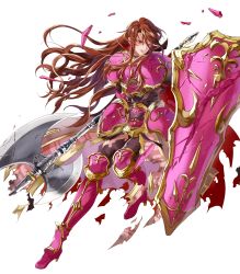 Rule 34 | 1girl, armor, armored boots, axe, boots, brown hair, fire emblem, fire emblem: mystery of the emblem, fire emblem: new mystery of the emblem, fire emblem heroes, full body, highres, injury, long hair, mayo (becky2006), nintendo, official art, one eye closed, pants, red eyes, ryona, sheena (fire emblem), shield, solo, teeth, torn clothes, torn pants, transparent background, very long hair, weapon