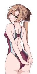 Rule 34 | 1girl, absurdres, adapted costume, akigumo (kancolle), akigumo kai ni (kancolle), alternate costume, ass, brown hair, competition swimsuit, cowboy shot, from behind, green eyes, hair ribbon, highres, kantai collection, long hair, looking at viewer, mole, mole under eye, multicolored clothes, multicolored swimsuit, one-piece swimsuit, ponytail, purple one-piece swimsuit, ribbon, simple background, smile, solo, swimsuit, tokiwa senkei, white background