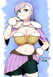 Rule 34 | 1girl, aqua eyes, artist name, bike shorts, breasts, character request, cleavage, cowboy shot, dated, final fantasy, final fantasy crystal chronicles, fur trim, hand on own hip, large breasts, lips, looking at viewer, medium hair, midriff, navel, owl head selkie, purple hair, selkie, simple background, skirt, smile, solo, tsukudani (coke-buta)