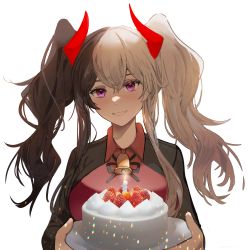 1girl, absurdres, bell, black hair, black jacket, black ribbon, breasts, cake, cizzi, collared shirt, curled horns, demon horns, food, fruit, highres, holding, holding plate, horns, jacket, long hair, looking at viewer, medium breasts, multicolored hair, neck ribbon, open clothes, open jacket, original, plate, red shirt, ribbon, shirt, simple background, solo, strawberry, twintails, two-tone hair, upper body, white background, white hair
