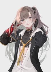 1girl absurdres collared_shirt flat_chest girls&#039;_frontline girls&#039;_frontline_2:_exilium hair_ribbon hands_in_own_hair hands_up highres jacket leva_(girls&#039;_frontline_2) long_hair looking_at_viewer loose_necktie mechanical_arms necktie one_side_up open_clothes open_jacket partial_bodysuit partially_unbuttoned ribbon satsumaagee scar scar_across_eye scar_on_face shirt single_mechanical_arm smile solo ump45_(girls&#039;_frontline) white_shirt yellow_necktie