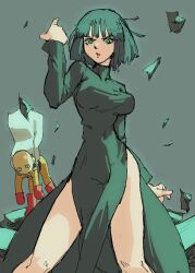 Rule 34 | 1boy, 1girl, bald, boots, breasts, cape, commentary, contrapposto, covered erect nipples, dress, fubuki (one-punch man), gloves, green dress, green eyes, green hair, highres, impossible clothes, impossible dress, large breasts, long dress, medium hair, narrow waist, one-punch man, pantsu-ripper, red footwear, red gloves, rock, saitama (one-punch man), side slit, white cape