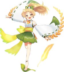Rule 34 | 1girl, barefoot, blonde hair, bow, earrings, final fantasy, final fantasy v, full body, hair bow, japanese clothes, jewelry, krile mayer baldesion (ff5), long hair, looking at viewer, open mouth, ponytail, simple background, smile, solo, white background, yellow eyes