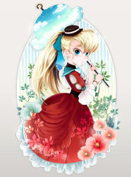 Rule 34 | 1girl, bad id, bad pixiv id, bell line gown, blonde hair, blue eyes, bracelet, bustle, colored eyelashes, dress, eyebrows, flower, gown, hat, jewelry, lolita fashion, long hair, looking at viewer, oitan, original, parasol, ponytail, red dress, sky, solo, striped, striped background, sweet lolita, umbrella, victorian
