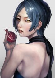 Rule 34 | 10s, 1girl, back, bare back, bare shoulders, blue hair, earrings, eating, food, fruit, hajime (elan787), hayami kanade, idolmaster, idolmaster cinderella girls, jewelry, lips, looking at viewer, parted bangs, parted lips, pomegranate, realistic, saliva, sexually suggestive, short hair, solo, suggestive fluid, yellow eyes, yonic symbol