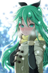 Rule 34 | 1girl, alternate costume, beige coat, black ribbon, coat, commentary request, green eyes, green hair, hair between eyes, hair ornament, hairclip, hand on own face, highres, kantai collection, long hair, mittens, parted bangs, ponytail, ribbon, sidelocks, snow, snowflakes, solo, upper body, yamakaze (kancolle), yamakaze kai ni (kancolle), yomogi dango