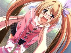 Rule 34 | 1girl, coat, exhausted, game cg, glasses, heavy breathing, long hair, memories off, memories off sorekara, miniskirt, nonohara haya, open mouth, orange eyes, orange hair, pleated skirt, scarf, skirt, solo, striped clothes, striped thighhighs, thighhighs, twintails, vertical-striped clothes, vertical-striped thighhighs