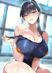 Rule 34 | 1girl, absurdres, arm between legs, black hair, black legwear, black one-piece swimsuit, blue eyes, breasts, cleavage, clothes pull, collarbone, commentary request, competition swimsuit, crossed bangs, hair over shoulder, highres, huge breasts, indoors, lips, long hair, looking at viewer, one-piece swimsuit, one-piece swimsuit pull, parted lips, ponytail, rei no pool, second-party source, seductive smile, senri gan, shuumatsu no harem, sitting, smile, solo, swimsuit, toudou akira (shuumatsu no harem), wet, wet hair, window