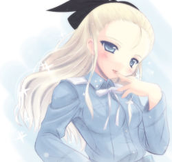 Rule 34 | 1girl, black bow, blonde hair, blue eyes, blush, bow, finger to mouth, hair bow, iwa (alpaca oukoku), jacket, long hair, long sleeves, lowres, mika ahonen, military, military uniform, ribbon, solo, sparkle, strike witches, strike witches: aurora no majo, strike witches: suomus misfits squadron, tongue, tongue out, uniform, white ribbon, world witches series