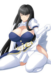 Rule 34 | 1girl, belt, black hair, blunt bangs, breasts, cleavage, closed eyes, clothes lift, dress, elbow gloves, gloves, highres, hime cut, holding, kaguya jingu, large breasts, lifted by self, long hair, loose belt, multiple belts, natadekoko-zr, simple background, skirt, skirt lift, smile, solo, thick thighs, thighhighs, thighs, under night in-birth, under night in-birth 2 sys:celes, very long hair, white gloves, white thighhighs