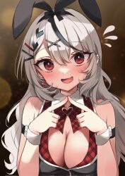 Rule 34 | 1girl, alternate costume, animal ears, black hair, black vest, blush, breasts, bunny garden, cleavage, collar, detached collar, earrings, fake animal ears, fang, grey hair, hair ornament, hairpin, heart, heart earrings, highres, hololive, jewelry, large breasts, leotard, long hair, looking at viewer, multicolored hair, ogura32, open mouth, playboy bunny, rabbit ears, red eyes, sakamata chloe, skin fang, smile, solo, streaked hair, vest, virtual youtuber, white collar, white wrist cuffs, wrist cuffs, x hair ornament
