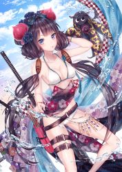 Rule 34 | 1girl, absurdres, bikini, blue eyes, blush, bracelet, breasts, calligraphy brush, cleavage, fate/grand order, fate (series), floral print, goggles, goggles on head, hair ornament, highres, holding, huge filesize, japanese clothes, jewelry, katana, katsushika hokusai (fate), katsushika hokusai (swimsuit saber) (fate), kimono, kity1211 tetsu, leg belt, long hair, looking at viewer, medium breasts, multiple swords, octopus, paintbrush, purple hair, solo, swimsuit, sword, thigh strap, tokitarou (fate), very long hair, weapon, white bikini