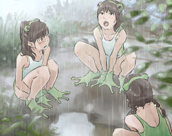 Rule 34 | 3girls, animal costume, blush, brown hair, casual one-piece swimsuit, flat chest, frog costume, multiple girls, one-piece swimsuit, open mouth, original, outdoors, rain, squatting, swimsuit, tnt (aaaazzzz)