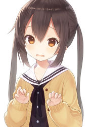 Rule 34 | 1girl, black hair, black ribbon, blush, brown eyes, capriccio, cardigan, commentary request, embarrassed, hands up, k-on!, long hair, long sleeves, looking at viewer, nakano azusa, neck ribbon, open mouth, ribbon, simple background, solo, twintails, white background, yellow cardigan