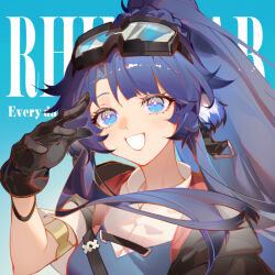 Rule 34 | 1girl, arknights, astgenne (arknights), black gloves, black jacket, blue background, blue eyes, blue hair, blue vest, breasts, chinese commentary, commentary request, feather hair, flipped hair, gloves, gradient background, indai (3330425), jacket, looking up, medium breasts, open mouth, ponytail, shirt, simple background, smile, solo, upper body, vest, white shirt