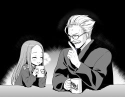 Rule 34 | 1boy, 1girl, abigail williams (fate), blush, bow, closed eyes, dress, elbows on table, facial hair, fate/grand order, fate (series), fingernails, glasses, greyscale, hair strand, hand up, hands up, holding mug, index finger raised, james moriarty (archer) (fate), long hair, long sleeves, looking at another, makishima azusa, monochrome, mustache, parted bangs, parted lips, shirt, smile