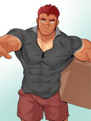 Rule 34 | 1boy, akashi (live a hero), bara, box, bulge, cardboard box, carrying, carrying under arm, chiseled face, covered erect nipples, cowboy shot, facial hair, goatee, highres, kansuke (kansuke 717), large pectorals, live a hero, long sideburns, looking at viewer, male focus, muscular, muscular male, pectoral cleavage, pectorals, polo shirt, red eyes, red hair, scar, scar on face, scar on nose, short hair, short shorts, shorts, sideburns, smile, solo, sweat, tan, thick eyebrows, very sweaty