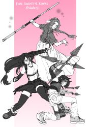Rule 34 | 3girls, absurdres, aerith gainsborough, asymmetrical legwear, bangle, bare shoulders, black bra, black hair, black skirt, black thighhighs, boots, bra, bracelet, braid, braided ponytail, breasts, clenched hand, crop top, cropped jacket, dress, earrings, elbow gloves, fighting stance, final fantasy, final fantasy vii, final fantasy vii remake, fingerless gloves, fishnet thighhighs, fishnets, full body, gloves, hair ribbon, headband, highres, holding, holding shuriken, holding staff, holding weapon, jewelry, large breasts, leg warmers, long dress, long hair, looking at viewer, looking back, looking to the side, low-tied long hair, medium breasts, midriff, multiple girls, ninja (final fantasy), on one knee, open mouth, parted bangs, parted lips, pink background, pleated skirt, ribbon, shoes, short hair, short shorts, short sleeves, shorts, shuriken, sidelocks, skirt, smile, sneakers, sports bra, spot color, staff, suspenders, takako (digital13), thighhighs, tifa lockhart, twitter username, underwear, wavy hair, weapon, yuffie kisaragi, zettai ryouiki