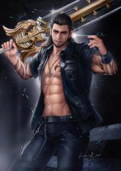 Rule 34 | 1boy, abs, anjingkuxiao, bara, bare pectorals, beard, cowboy shot, cross, cross necklace, facial hair, final fantasy, final fantasy xv, gladiolus amicitia, gloves, jewelry, leather, leather gloves, leather pants, male focus, male pubic hair, mature male, muscular, muscular male, navel, necklace, open clothes, over shoulder, pants, pectorals, pubic hair, scar, scar across eye, scar on face, smile, solo, stomach, stubble, sword, sword over shoulder, tattoo, weapon, weapon over shoulder