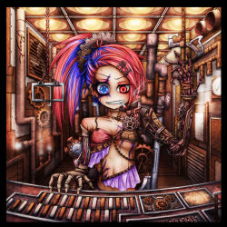 Rule 34 | 1girl, blue hair, cyborg, gears, heterochromia, highres, joint, multicolored hair, pink hair, ray-k, red eyes, solo, symbol-shaped pupils, tagme, two-tone hair