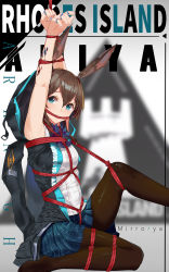 Rule 34 | 1girl, absurdres, amiya (arknights), animal ears, arknights, armpits, arms up, artist name, bad id, bad pixiv id, bare arms, bare shoulders, bdsm, black pantyhose, blue eyes, blue skirt, bondage, bound, bound arms, brown hair, character name, chinese commentary, cleave gag, cloth gag, commentary request, gag, gagged, grey background, hair between eyes, highres, improvised gag, jewelry, looking at viewer, material growth, miniskirt, mirrorya, no shoes, oripathy lesion (arknights), pantyhose, pleated skirt, rabbit ears, rhodes island logo (arknights), ring, shibari, shirt, short hair, skirt, solo, thighs