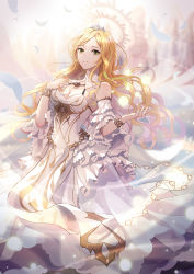 Rule 34 | 1girl, angelia, bad id, bad pixiv id, blonde hair, breasts, cleavage, detached collar, detached sleeves, dress, feathers, green eyes, halo, hand up, highres, long hair, looking at viewer, medium breasts, sdorica, solo, soyubee, very long hair, white dress