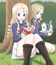 Rule 34 | 2girls, bc freedom (emblem), bc freedom military uniform, black footwear, blonde hair, blue eyes, blue jacket, blue vest, book, boots, bush, closed mouth, commentary, cup, dress shirt, drill hair, emblem, girls und panzer, grass, green eyes, harukai-i, high collar, highres, holding, holding book, holding tray, jacket, knee boots, long hair, long sleeves, looking at viewer, marie (girls und panzer), military uniform, miniskirt, multiple girls, on ground, open mouth, panties, pantyshot, pleated skirt, shirt, sitting, skirt, smile, sofue (girls und panzer), stream, teacup, teapot, tray, tree, underwear, uniform, vest, wariza, white panties, white shirt, white skirt
