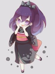 Rule 34 | 10s, 1girl, blush, chuka (runrunmynmyn), grey background, hands on own face, high ponytail, hyakkihime, japanese clothes, kimono, long hair, looking at viewer, open mouth, purple eyes, purple hair, sandals, simple background, solo, traditional youkai, youkai watch, zouri
