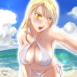 Rule 34 | 1girl, 2012, beach, bikini, blonde hair, blue sky, breasts, cleavage, cloud, collarbone, covered erect nipples, criss-cross halter, dated, day, earrings, fullmetal alchemist, halterneck, jewelry, large breasts, lens flare, long hair, looking at viewer, mole, mole under mouth, ocean, open mouth, outdoors, riza hawkeye, s (s r2), sideboob, sky, solo, swimsuit, thigh gap, white bikini, yellow eyes