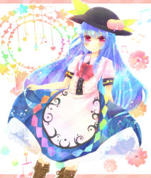Rule 34 | 1girl, blue hair, bow, bowtie, cross-laced footwear, female focus, flower, food, fruit, hat, heart, hinanawi tenshi, long hair, musical note, peach, red eyes, rito (artist), rito (rito07), skirt hold, solo, star (symbol), touhou, treble clef