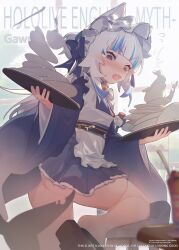 Rule 34 | 1girl, @ @, ^^^, accident, ahedtra, alternate costume, apron, bloop (gawr gura), blue bow, blue eyes, blue hair, blue kimono, blunt bangs, blush, bow, character name, commentary, copyright name, cup, fang, fins, fish tail, flying sweatdrops, gawr gura, geta, hair bow, highres, holding, holding tray, hololive, hololive english, japanese clothes, kimono, looking down, maid headdress, multicolored hair, open mouth, paid reward available, plate, plate stack, pussy, pussy peek, shark tail, sidelocks, skin fang, solo, streaked hair, symbol-only commentary, tail, tears, thighhighs, tray, two-tone hair, v-shaped eyebrows, virtual youtuber, wavy mouth, white apron, white hair, white thighhighs