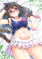 Rule 34 | 10s, 1girl, belt, black gloves, black hair, blush, breasts, choukai (kancolle), cleavage, cowboy shot, covered erect nipples, frown, full-face blush, glasses, glint, gloves, highres, kantai collection, light rays, lips, looking at viewer, lying, miniskirt, navel, on back, pleated skirt, red eyes, rimless eyewear, shirt, skirt, sleeveless, sleeveless shirt, solo, sparkle, sunlight, sweat, sweatdrop, vest, white skirt, youshuu