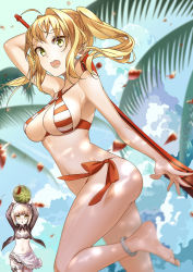 Rule 34 | 2girls, aestus estus, arms up, artoria pendragon (all), artoria pendragon (alter swimsuit rider) (fate), artoria pendragon (alter swimsuit rider) (second ascension) (fate), artoria pendragon (fate), bead anklet, bikini, black bikini, blonde hair, blue sky, breasts, bridal garter, canegouzi, cloud, day, earrings, fate/grand order, fate (series), food, frilled hairband, frills, fruit, green eyes, hair intakes, hairband, halterneck, highres, holding, holding sword, holding weapon, jewelry, long hair, looking at viewer, maid, maid bikini, maid headdress, medium breasts, motion blur, multiple girls, navel, nero claudius (fate), nero claudius (fate) (all), nero claudius (swimsuit caster) (fate), open mouth, petals, saber alter, short hair, sky, striped bikini, striped clothes, swimsuit, sword, twintails, unconventional maid, watermelon, weapon, yellow eyes