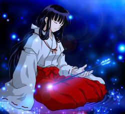 Rule 34 | 1girl, arrow (projectile), artist request, black hair, closed eyes, female focus, flower, glowing, gradient background, hakama, hakama skirt, inuyasha, japanese clothes, kikyou (inuyasha), long hair, miko, red hakama, sitting, skirt, sleeves past wrists, solo, wide sleeves