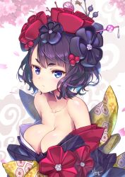 Rule 34 | 1girl, bare shoulders, black hair, blue eyes, blush, breasts, cleavage, collarbone, commentary request, fate/grand order, fate (series), flower, hair flower, hair ornament, hairpin, hong (white spider), japanese clothes, katsushika hokusai (fate), kimono, looking at viewer, medium breasts, obi, sash, short eyebrows, short hair, solo