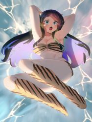 Rule 34 | 1girl, :o, armpits, bikini, black hair, blue eyes, blush, boots, breasts, cleavage, colored inner hair, electricity, electrokinesis, fang, hands up, highres, horns, jumping, large breasts, lightning, lightning background, long hair, looking at viewer, lum, multicolored hair, open mouth, purple hair, ryusei hashida, solo, striped bikini, striped clothes, swimsuit, urusei yatsura, wide sleeves, yellow bikini, yellow footwear